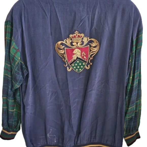 Vintage 90s Sunny Leigh Silk Button Up Multicolor Jacket Tartan Sleeves Small - Picture 7 of 7